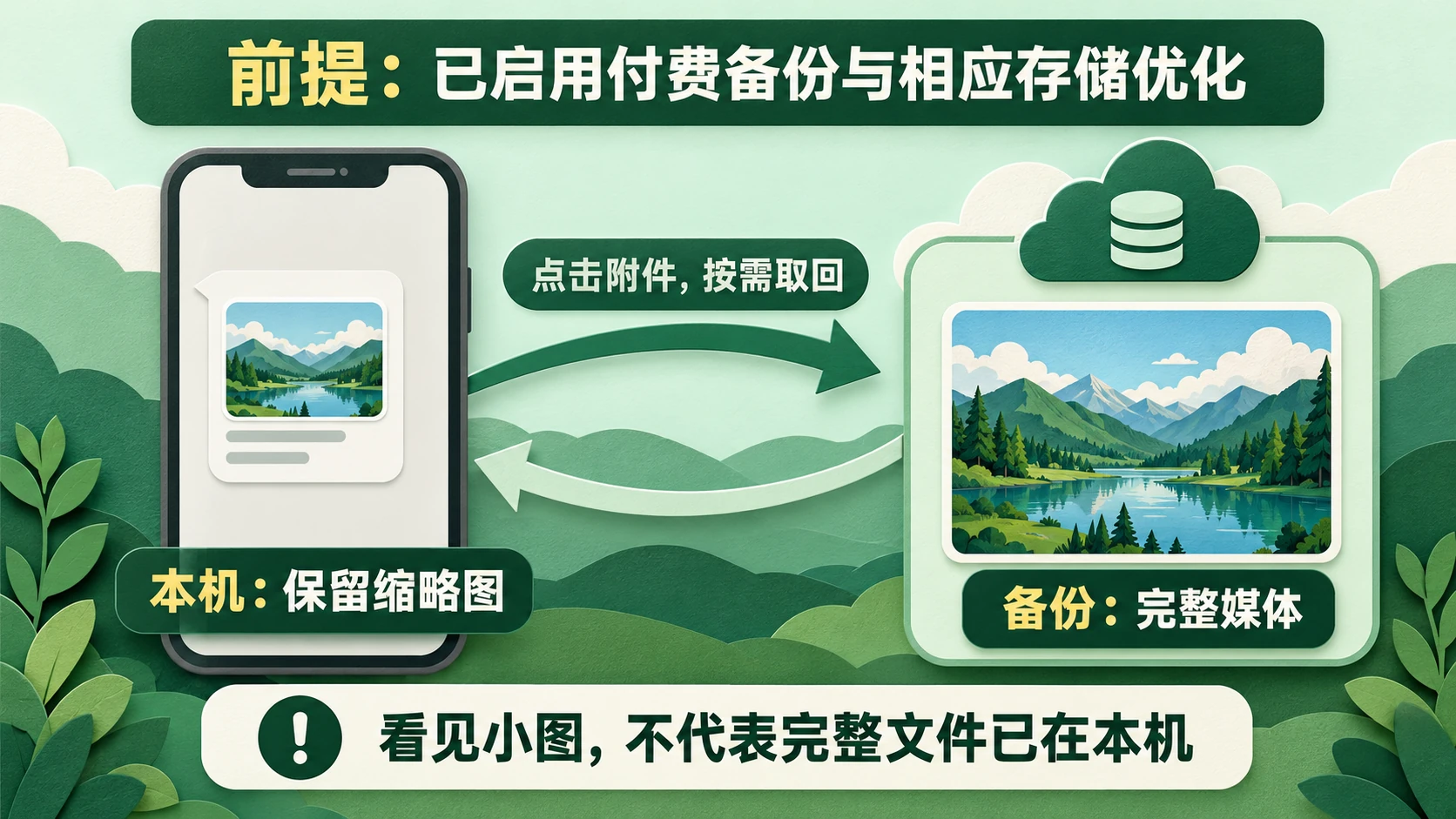 本机缩略图、加密备份完整媒体与点击取回关系的原创说明图